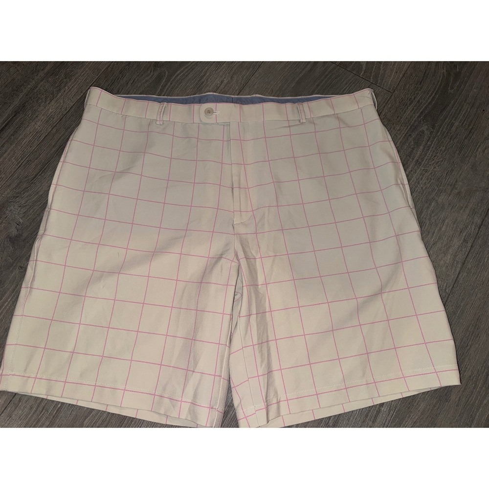 Peter Millar Mens 40 Performance Golf Shorts Pink Windowpane Check Wicking Stone